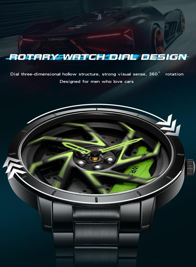 Gosasa Men Racing Watches Rotatable Car Rim Wheel hub Design Sports Watches Stainless Steel Waterproof Watch (Black Green) - Image 5